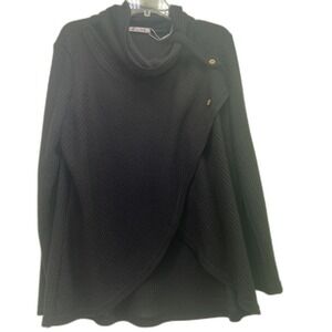 Lig Crossover Waffle Knit Sweater Womens XXL Black Excellent Cowl Neck Button